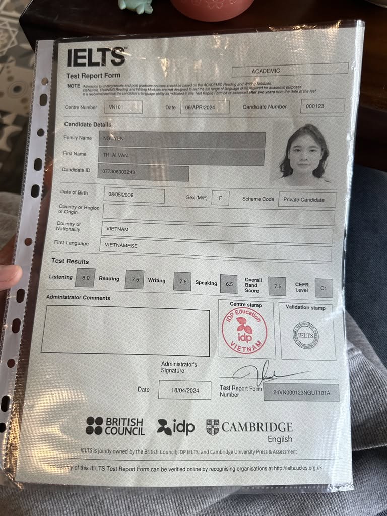 Giấy báo điểm IELTS Overall 7.5 của học viên Nguyễn Thị Ái Vân