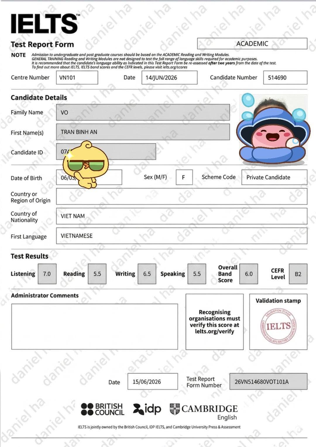 Giấy báo điểm IELTS Overall 6.0 của học viên Võ Trần Bình An