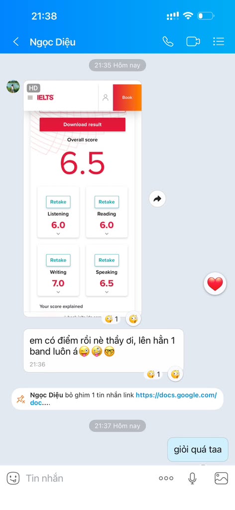 Tin nhắn học viên Ngọc Diệu báo điểm IELTS Overall 6.5 cho thầy Daniel Hà