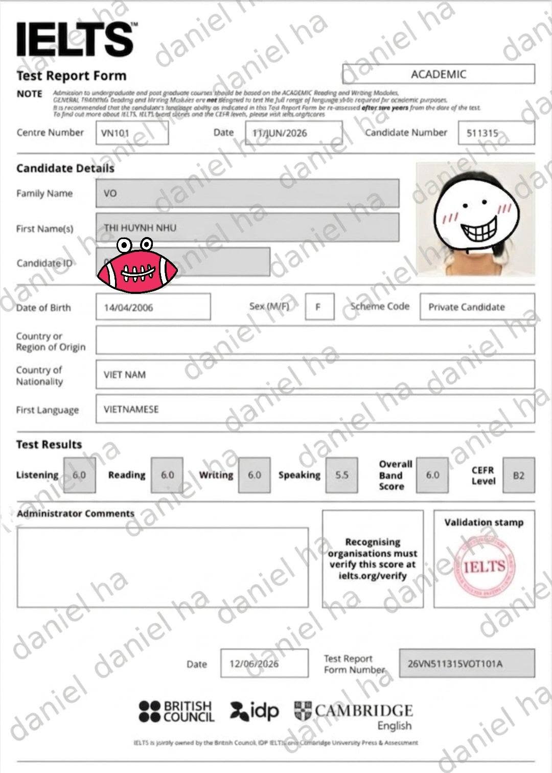 Giấy báo điểm IELTS Overall 6.0 của học viên Võ Thị Huỳnh Như