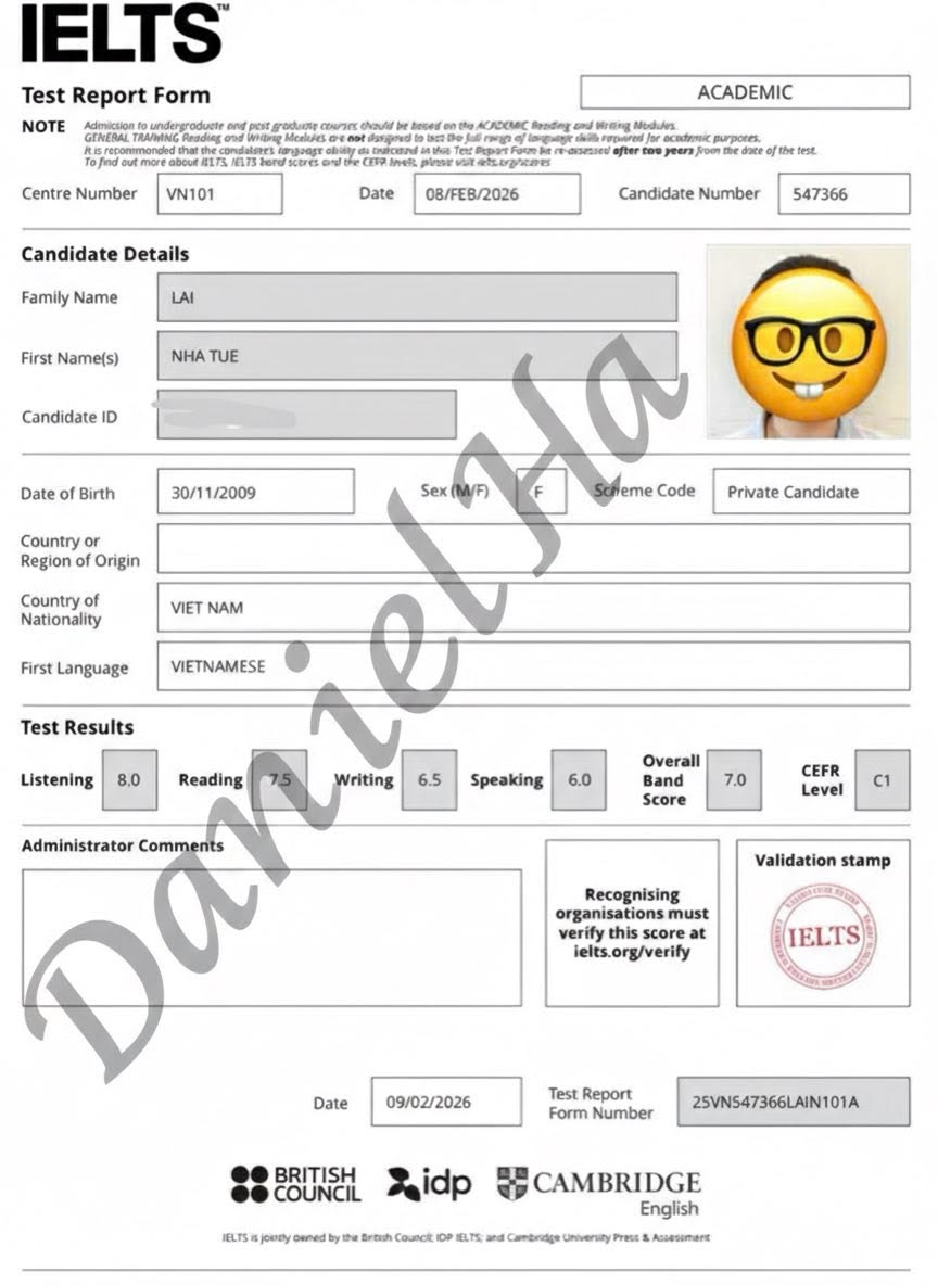 Giấy báo điểm IELTS Overall 7.0 của học viên Lai Nhã Tuệ