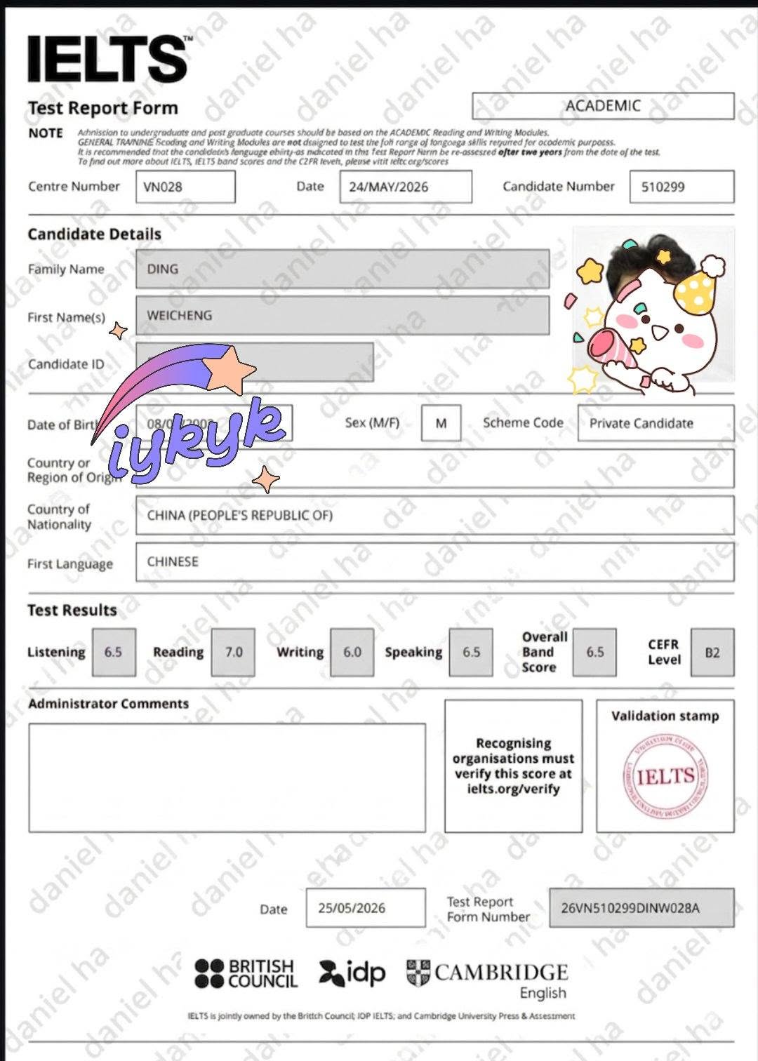 Giấy báo điểm IELTS Overall 6.5 của học viên Ding Weicheng